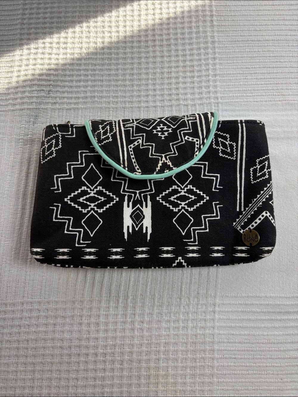 Billabong Black and Mint Trim Geometric Print Clutch